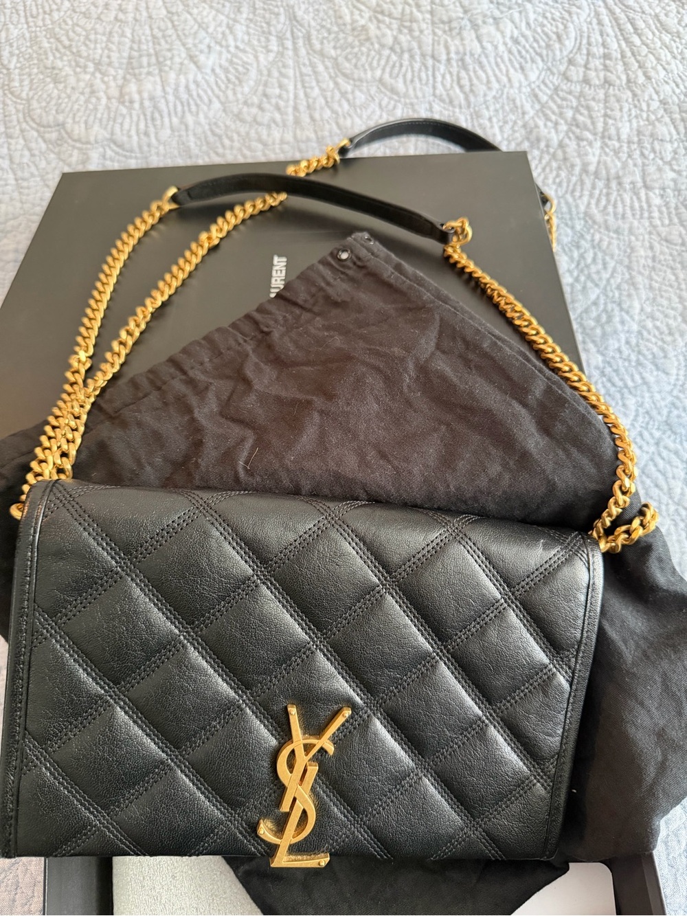Saint Laurent Black Quilted Leather Shoulder Bag with Gold YSL Chain